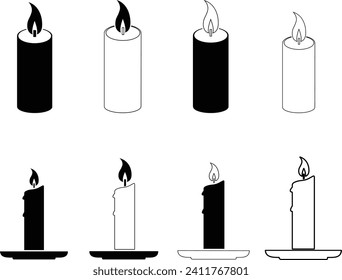 Simple y corto icono de la vela. Concepto de quemar candelabros. Señales de atributos de cristiandad, radiancia. Ilustración vectorial aislada en fondo blanco. Diseño de logotipo moderno de moda de estilo plano