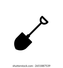 Uma pá simples ou pá mostrada como um ícone de silhueta preto sólido. Um gráfico de ferramenta minimalista para cavar, jardinagem ou trabalho de construção.