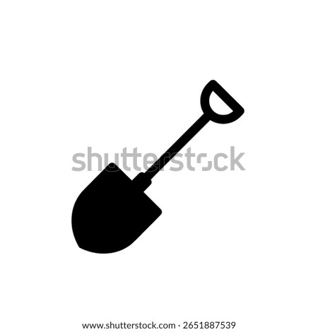 A simple shovel or spade shown as a solid black silhouette icon. A minimalist tool graphic for digging, gardening, or construction work.