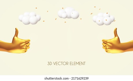 Simple showcase. 3D gold human hand ok gesture with clouds. Realistic metal render
