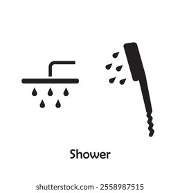 Simple shower icon vector isolated on white background in silhouette style. Bathroom accessories. Icons for web design, tag, label.