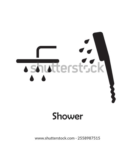 Simple shower icon vector isolated on white background in silhouette style. Bathroom accessories. Icons for web design, tag, label.