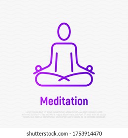 Simple sign of human in lotus pose for logo of meditation yoga school, class, spa salon. Thin line icon. Vector illustration.