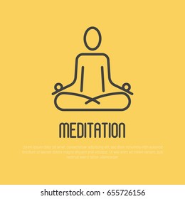 Simple sign of human in lotus pose for logo of meditation yoga school, class, spa salon. Vector illustration.