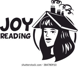 simple sign portrait of girl a book on his head reading joy