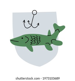 Simple sign vector illustration of a pike with a fish hook on a shield background in natural colors