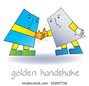 Simple SignMan Says...Golden Handshake - cartoon characters acting out a proverb or idiom