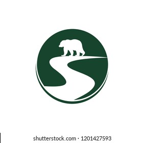 simple silhouette of animal bear on park land with river vector illustration logo design