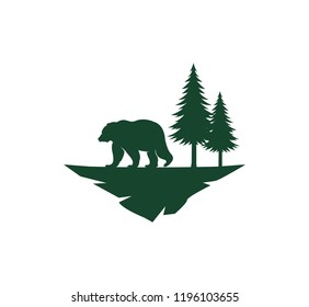 simple silhouette animal bear with pine tree on a park land vector illustration logo design