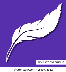 A simple silhouette of a bird feather. White object on a purple background. Template for laser cutting, wood carving, paper cut and printing. Vector illustration.