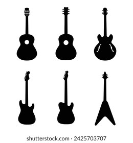 Simple Silhouette Black and White Classic, Acoustic, Semi Acoustic, and Electric Guitar Set Vector