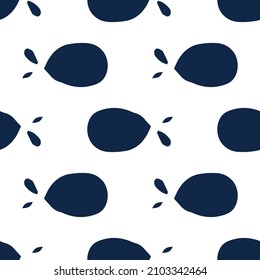 a simple silhouette of a blue fish pattern. seamless pattern of hand-drawn fish in the shape of a drop of blue on white in different horizontal positions for a children's textile template