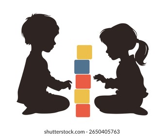 Simple Silhouette of Boy and Girl playing with toy blocks together. Can be used as logo or sign. Vector Black and white illustration. isolated.