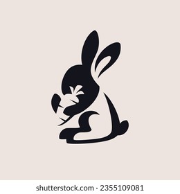 Simple Silhouette Bunny Black Rabbit sit down with Hand Holding Eating Carrot Negative Space Vector Logo Design