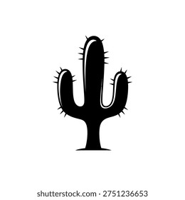 A simple silhouette of a cactus plant with three arms and many spines.