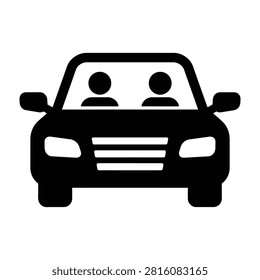 Simple silhouette of a car with two people inside, front view, transportation concept