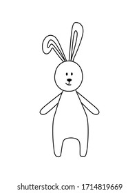 A simple silhouette of a cartoon hare or rabbit. Primitive outline, a funny toy, a fantasy. Cute coloring book for small children, vector illustration.