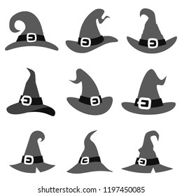 Simple silhouette cartoon witch hat halloween party costume set icons template edit vector illustration