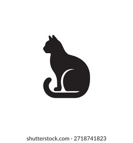 Silueta simple de un gato sentado tranquilamente con su cola enrollada sobre un fondo blanco liso creando una estética minimalista.