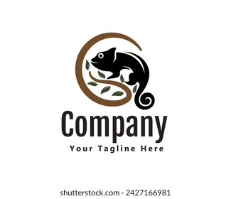simple silhouette chameleon on circle branch logo icon symbol design template illustration inspiration