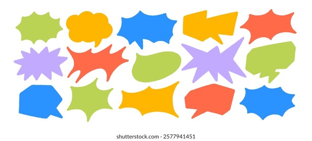Simple silhouette comic speech bubble collection. Hand drawn colorful vector doodle talk balloons, speech babble frames. Pencil or crayon rough shapes. Funky childish dialog balloons for text, message