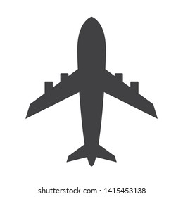 A simple silhouette design of an airplane on a white background