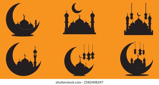 Simple Silhouette Design of Mosques and Crescent Moons for Islamic Celebrations