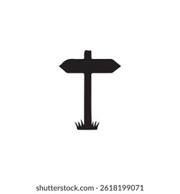 Simple Silhouette of a Directional Signpost.A black and white silhouette of a directional signpost with two arms extending outwards, set in a grassy area.