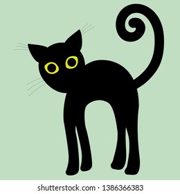 
A simple silhouette drawing of a black cat with green eyes with a high back. Angry position