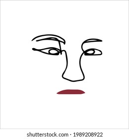 Simple silhouette of the face. Red lips. Vector illustration of a face in one line style. Logo for the beauty industry. Modern face print in simple shapes. Woman's face abstraction, cubism.