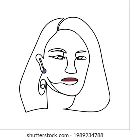 Simple silhouette of the face. Red lips. Vector illustration of a face in one line style. Logo for a beauty salon. Modern print of a woman's face. Fashion illustration of a girl's face. Fashion moda.