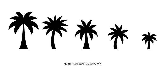 Simple Silhouette of Five Palm Trees in Different Sizes. silhouette palm tree, summer vacation, travel, botany
