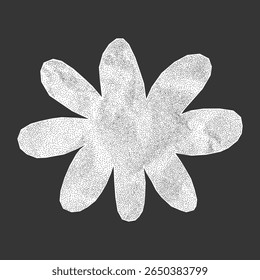 Simple silhouette of a flower with crumpled paper texture on dark background. Minimalistic sticker from notebook page with jagged torn edges, gritty dotted texture, halftone design.
