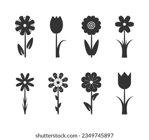 Iconos simples de flores de silueta vectorial establecido en fondo blanco