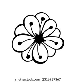 A simple silhouette of a flower with round petals and stamens. Hand drawn, doodle style, black outline on a white background. Isolated on white background