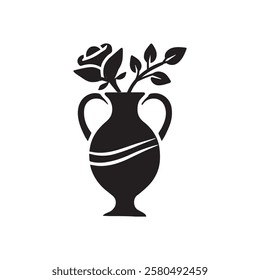 Simple silhouette flowers vase and branch, Vector illustration botanical vase on a white background.