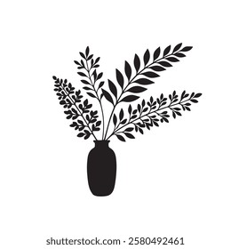 Simple silhouette flowers vase and branch, Vector illustration botanical vase on a white background.