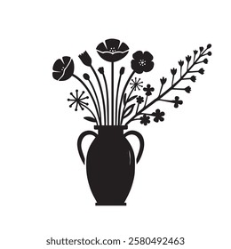 Simple silhouette flowers vase and branch, Vector illustration botanical vase on a white background.