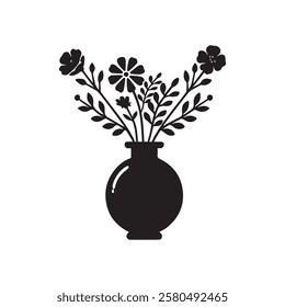 Simple silhouette flowers vase and branch, Vector illustration botanical vase on a white background.