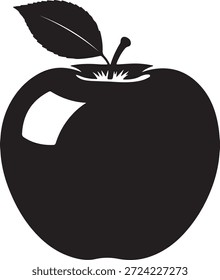 A simple silhouette of a fresh apple with a stem and leaf