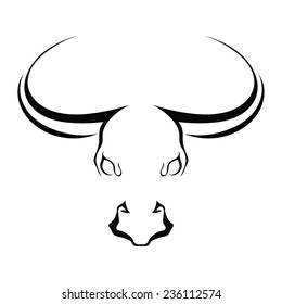 Simple silhouette full face head of a bull isolated on a white background. Trademark farm. Vector illustration.