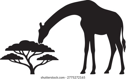 Simple silhouette of a giraffe bending its neck down to graze or drink. Clean minimal vector art of an animal feeding for nature concepts.