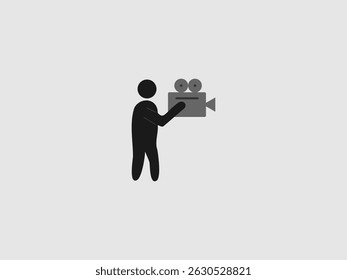 A simple silhouette icon of a person holding a vintage style video camera