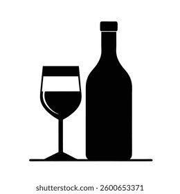 A simple silhouette icon of a wine bottle and a filled glass, symbolizing elegance, celebration, and fine dining.