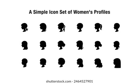 Simple silhouette icon of a woman in profile Various hairstyles