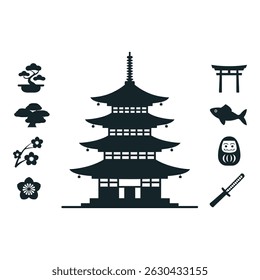 Simple Silhouette Icons of Japanese Culture and Landmarks