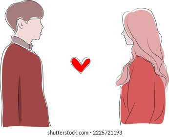 Simple silhouette illustration of a man and woman facing each other and a heart, monochrome color