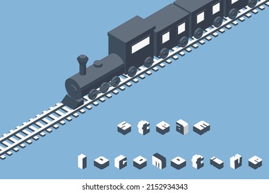 Simple ilustración de silueta de una locomotora de vapor que circula por una vía férrea. Isometric style ilustración tridimensional para su uso en infografías. Copiar espacio disponible. Concepto de turismo.