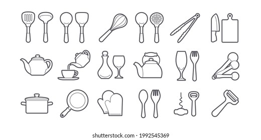 Simple silhouette illustrations of cooking utensils and tableware.