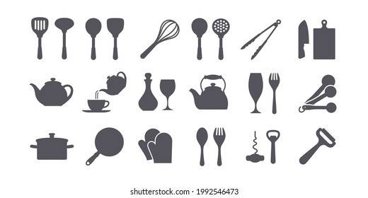 Simple silhouette illustrations of cooking utensils and tableware.